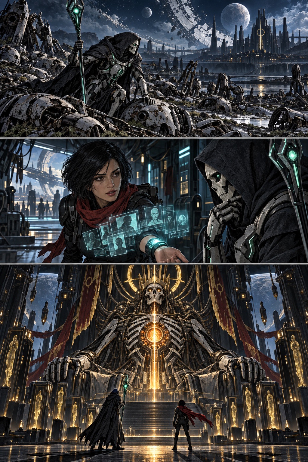 Three illustrated scenes from the science-fiction world of Nacre-9